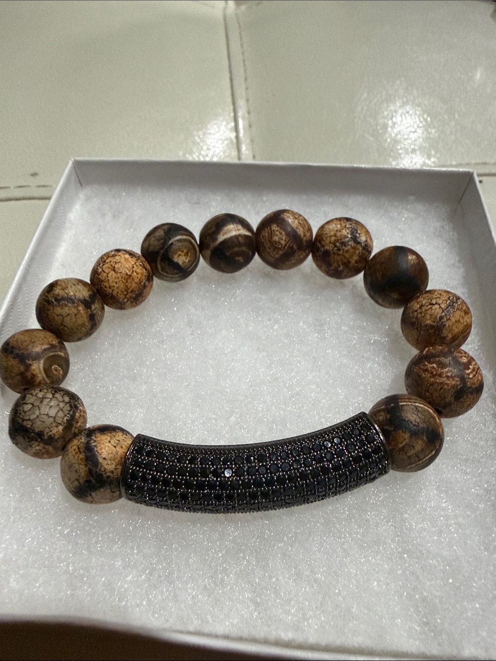 Matte agate DZI Beaded Bracelet with Black Pave Accent